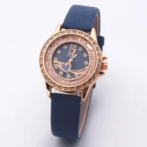 Classic Fashion Heart Peach Quartz Wristwatch Sparkling Diamond Leather Strap
