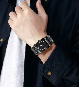 Classic Fashion Square Mens Business Ultra-Thin Watch Date Display Stainless Steel Strap Water Resistant