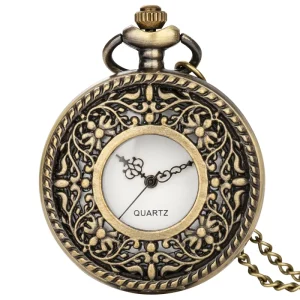 Classic Floral Openwork Carving Pocket Watch Hollow with Necklace Chain Antique Look Bronze Locket Pendant Steampunk for Gift