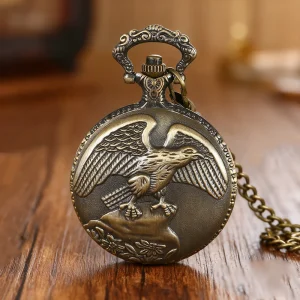 Classic Flying Eagle Alloy Quartz Movement Vintage Stone Pocket Watch With Chain