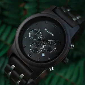 Classic Low MOQ Dropshipping Men’s Ebony Wooden Luxury Watch Quartz Movement Chronograph Pointer Dial
