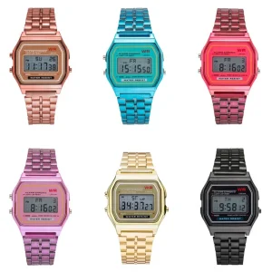 Classic Luxury Sports Men’s Watch Stainless Steel Square Chronograph LED Digital Watch Water Resistant Stopwatch 20mm Width