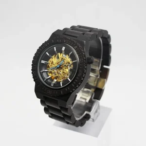 Classic Men Automatic Mechanical Wooden Skeleton Watch Black Sandalwood Wristwatch