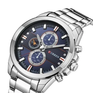 Classic Men’s Business Chronograph Watch Multi function 3 Eye Dial Stainless Steel Band Waterproof Quartz Watch for Daily Wear