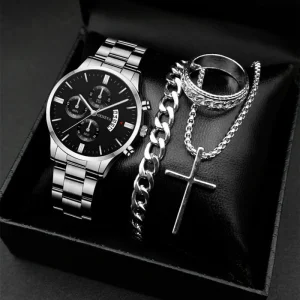 Classic Men’s Calendar Watch Necklace Ring Set, Sports Steel Belt Watch, Business Set