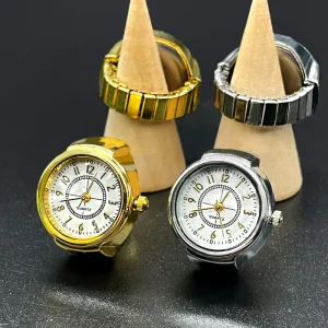 Classic Numeral Ring Watch Round Alloy Finger Watch Gold Silver Quartz Watch Ring Stainless Steel Elastic Band Student Gifts