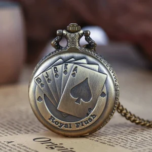 Classic Retro Pocket Watch Quartz Movement 45mm Stainless Steel Strap Simple Numeral Dial Playing Card Design Antique Bronze