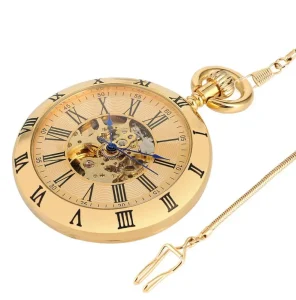 Classic Skeleton Mechanical Movement Snake Chain Brass Automatic Mechanical Pocket Watches