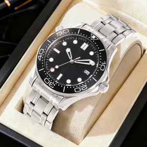 Classic Unisex Mechanical Watch 5ATM Black Pointer Dial Day Date Luminous Stainless Steel