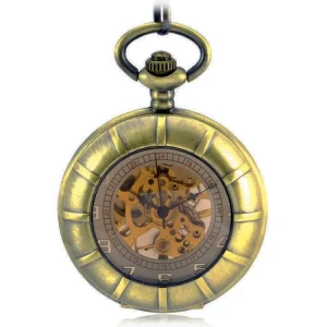 Classic Vintage Bronze Roman Numerals Graduated Mechanical Round Dial 47mm Men’s Gift Pocket Watch with Alloy Strap Box