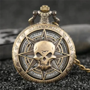 Classical 47mm Bronze Skull Stars Skeleton Quartz Analog Pocket Watch White Dial Time Piece