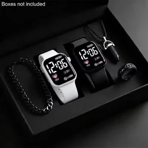 Couple Watch with Five Piece Set Square Plastic Silicone Strap Men Women Watch Bracelet Necklace Ring