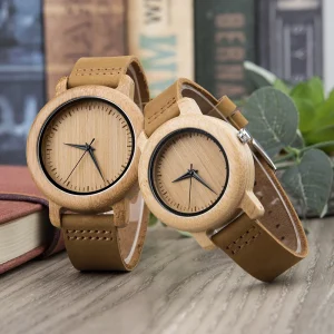 Couple Wood Watch Handmade Genuine Cow Leather Strap Bamboo Watch