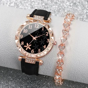 Cross-Border Diamond-Encrusted Leather Women’s Watch Strap Student Elegant Classy Versatile Quartz Bracelet Set