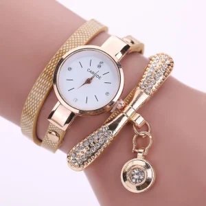 Crystal Round Dial Luxury Wrist Watch for Women Gold Ladies Casual Bangles