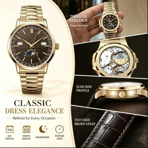 Custom 18K Gold Color Mechanical Watch Free-sprung Movement with Gold Lump Engraved Original Dial Wristwatch