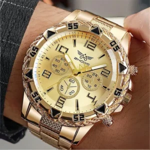 Custom 40mm Analog Quartz Watches Gold Alloy Luminous Dial Complete Calendar Stainless Steel Ribbon Band Waterproof