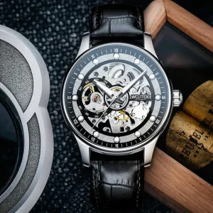 Custom Accepted Skeleton Watch Gold Visible Movement Genuine Leather Strap Automatic Mechanical Watch for Men’s Gift
