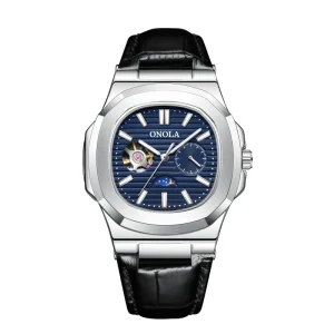 Custom Alloy Sun Moon Star Morning Mechanical Square Pointer Watch Men’s Hollow Genuine Leather Band Waterproof 30M OEM
