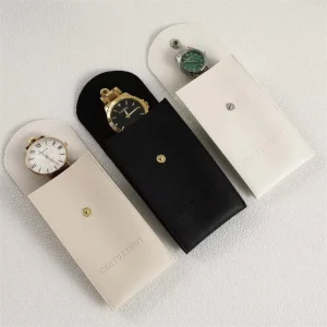 Custom Black PU Leather Watch Bag with Logo, Snap Button Jewelry Storage Pouch, Makeup Bag