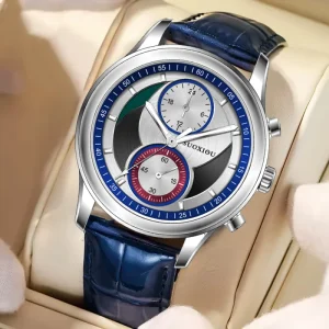 Custom Business Men’s Quartz Watch Luxury Blue Leather Strap Stainless Steel Case Coin Chronograph Waterproof Fashion Design