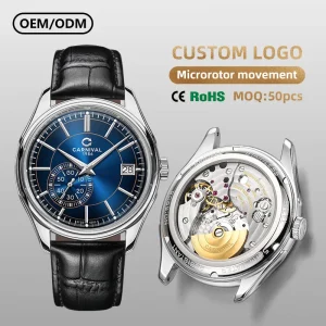 Custom Chronograph Microrotor Movement Automatic Watch OEM ODM Business Mechanical Wristwatch with Blue Dial Leather Strap