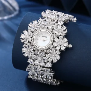 Custom Classic Luxury Simple Zircon Petal Women’s Watches White Gold Band Waterproof Quartz Movement
