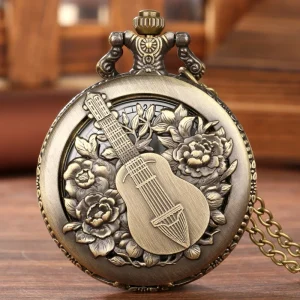 Custom Design Flowers Guitar Bronze Steampunk Vintage Pocket Watch With Chain for Antique Accessories Pendant Gift