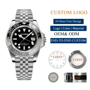 Custom Design Japan NH34 Movement Stainless Steel Water Resistant 20mm Band Glass GMT Mechanical Watch for Men