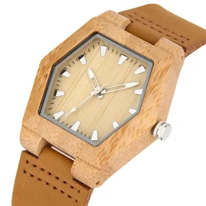 Custom Genuine Leather Natural Wood Creative Elegant Stylish Hexagon Watch