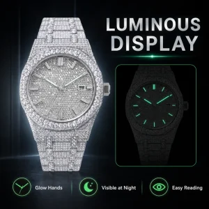 Custom Iced Men’s Mechanical Movement Sapphire Crystal Pointer Stainless Steel Strap Watch Packaging OEM ODM Bulk