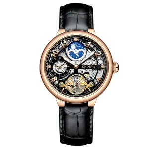 Custom LOGO Automatic Mechanical Hollow Tourbillon Luminous Pointer Men’s Watch Genuine Leather Band 30M Water Resistance OEM