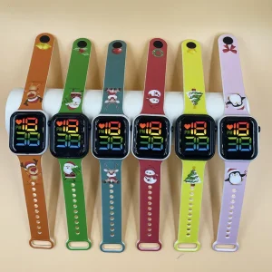Custom Logo Fashion Sport Square Christmas Cartoon Trendy Printed LED Plastic Digital Watch for Kids