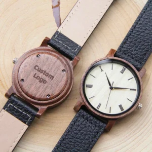Custom Logo Genuine Leather Strap Wooden Quartz Watch for Men and Women