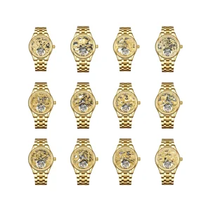 Custom Logo Luxury Men’s 12 Zodiac Gold Steel Belt Series 3D Skeleton Flying Tourbillon Mechanical Wrist Watches Waterproof