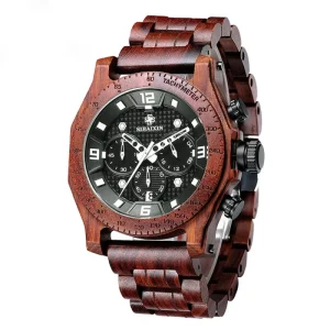 Custom Logo Luxury Wooden Quartz Watch with Glass Dial Crown Position Water Resistant for Men Fashion Style