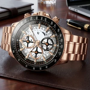 Custom Logo Mechanical Chronograph Men Watch Rose Gold Stainless Steel Band 20mm Skeleton Skull Tachymeter Calendar Pointer