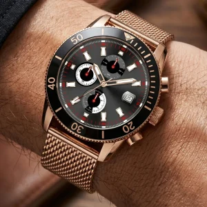 Custom Logo Mechanical Chronograph Men Watch Rose Gold Stainless Steel Band Black Pointer Dial Tachymeter with Calendar OEM ODM
