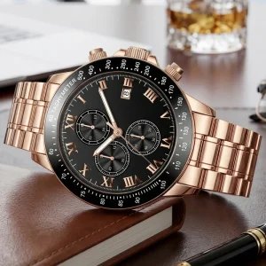 Custom Logo Mechanical Chronograph Men Watch Rose Gold Stainless Steel Band Pointer Roman Numerals Tachymeter Calendar OEM ODM
