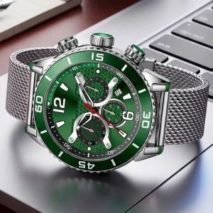Custom Logo Mechanical Chronograph Men’s Watch Silver Stainless Steel Mesh Band Green Pointer Dial Tachymeter Calendar OEM ODM