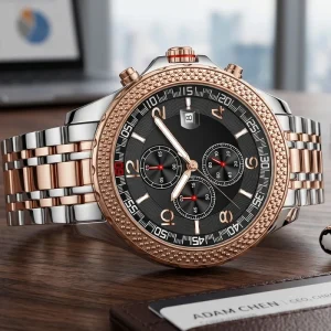 Custom Logo Mechanical Chronograph Men’s Watch Two Tone Rose Stainless Steel Band Sapphire Crystal Black Pointer Dial