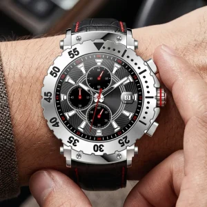 Custom Logo Mechanical Chronograph Pointer Men Watch Silver Case Cow Leather Band Tachymeter with Calendar OEM ODM