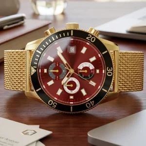 Custom Logo Men Mechanical Chronograph Charm Watch Sapphire Crystal Blue Pointer Dial Gold Stainless Steel Band Waterproof