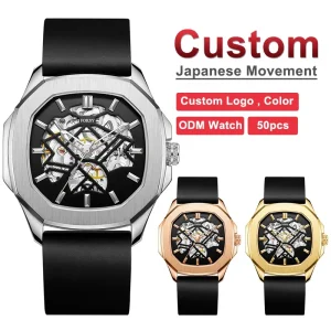 Custom Logo Men’s Automatic Mechanical Watch Skeleton Stainless Steel Waterproof 5ATM Fashion Wristwatch OEM ODM