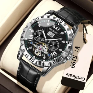 Custom Logo Men’s Automatic Multifunction Watch with Luminous Dial and Leather Strap