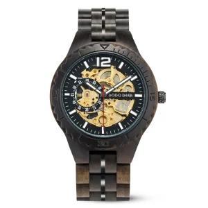 Custom Logo Men’s Women’s Skeleton Mechanical Watch Stainless Steel 24mm Black Ebony Wood Water Resistant Automatic Pointer Dial