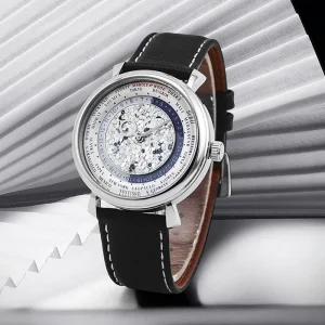 Custom Logo OEM Tourbillon Stainless Steel Leather Strap Diver Design Silver Automatic Mechanical Watches Men