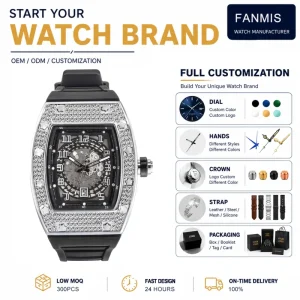 Custom Logo Sport Fashion Iced Out Tonneau Quartz Watch Men’s Alloy Case Rhinestone-Encrusted Glass Silicone Strap Pointer Water