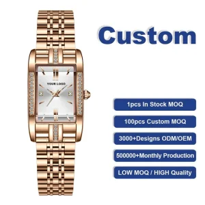 Custom Logo Square Dial Stainless Steel Strap Simple Quartz Watch for Women Rose Gold Casual Leisure Waterproof Wrist Watches