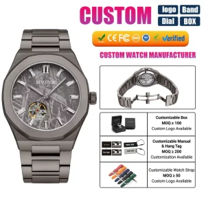 Custom Logo Tourbillon Style Mechanical Watch for Men Automatic Real Meteorites Dial Wristwatch